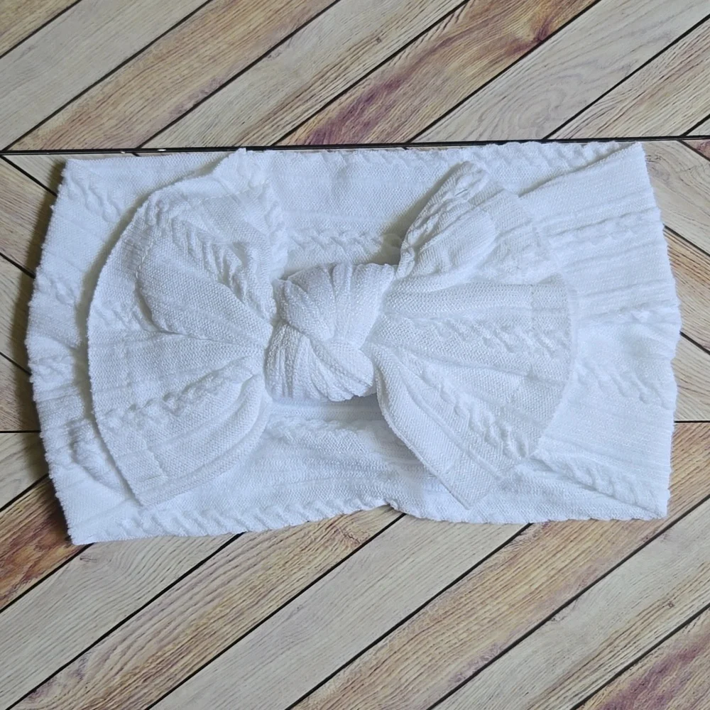 White Cable Knit Baby Bow Headband Soft Stretch Nylon Infant & Toddler Headwrap